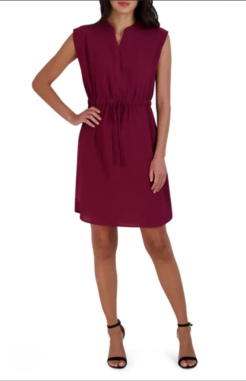Sandra Darren Blouson Midi Fit Flare Dress Burgundy Red Cap Sleeve Size 16